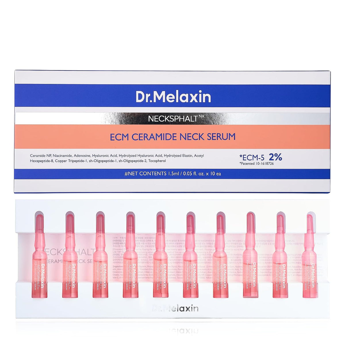 Dr.Melaxin Neck Tightening Ampoule – Firming & Lifting Ampoule for Neck Wrinkles & Sagging Skin, Necksphalt ECM Barrier Anti-Aging Korean Neck Care Treatment, 1.5ml×10ea