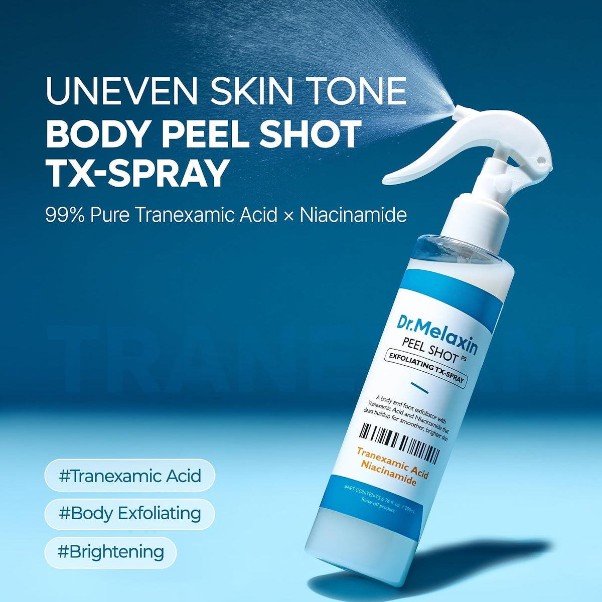 Dr.Melaxin Peel Shot Exfoliating TX-Spray 6.76 fl.oz - 99% Tranexamic Acid and Niacinamide Body Exfoliator Spray for Uneven Skin Tone, AHA PHA Body Peel for Rough Skin, K-Beauty Body Skin Care