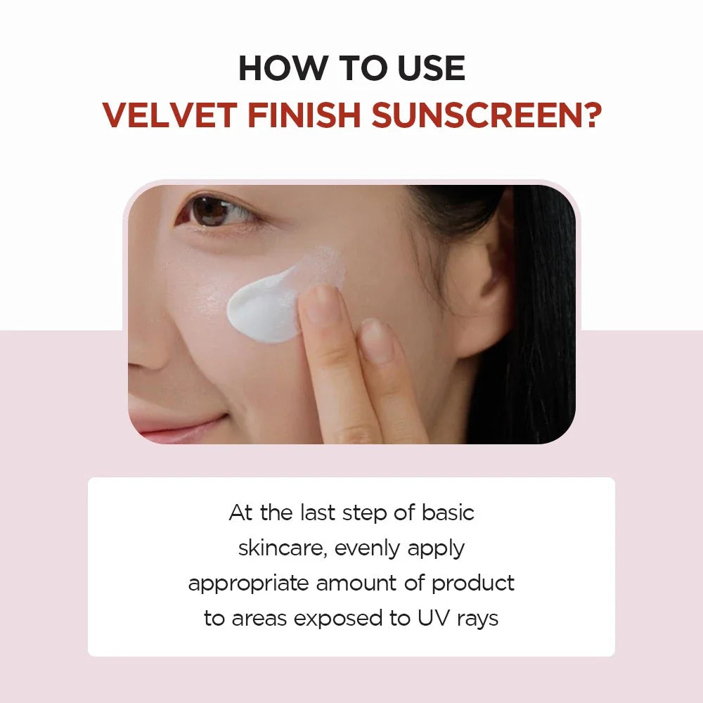 Lightweight Korean sunscreen texture with smooth velvet finish