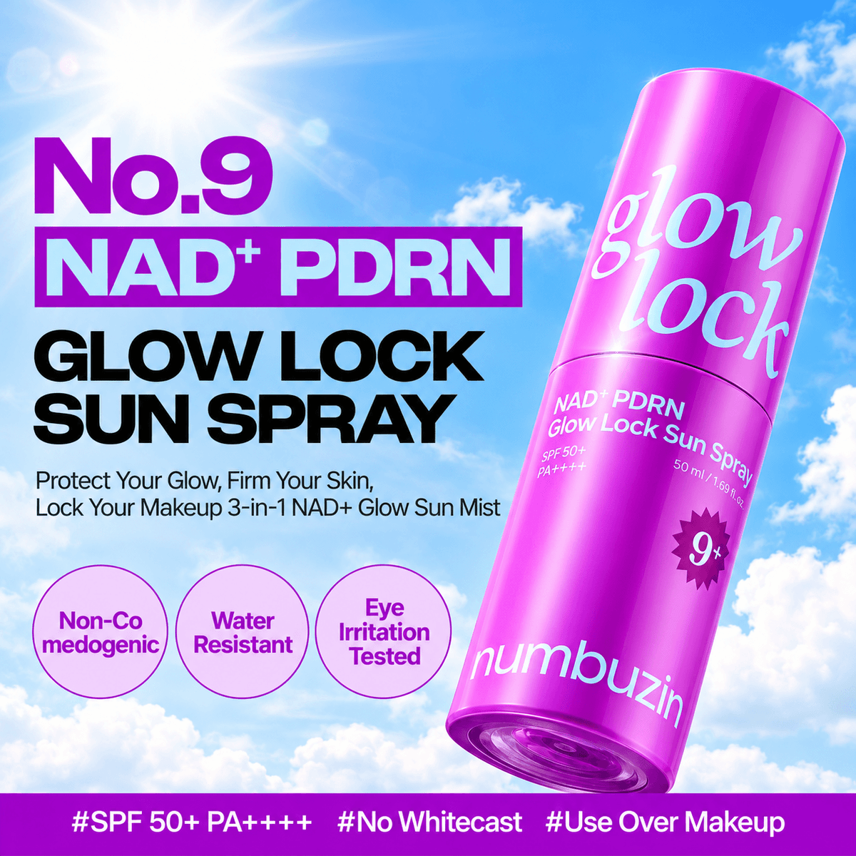 Numbuzin NAD PDRN Glow Lock Sun Spray 50 ML | Korean Hydrating Face Sunscreen Spray for Daily UV Protection, Skin Elasticity & Radiant Glow