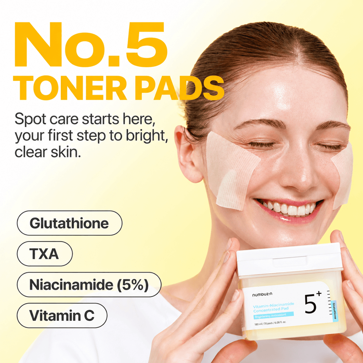 Numbuzin No.5 Vitamin Niacinamide Concentrated Pads 70 Pads 180 ML | Korean Brightening Toner Pads for Dark Spots & Uneven Skin Tone