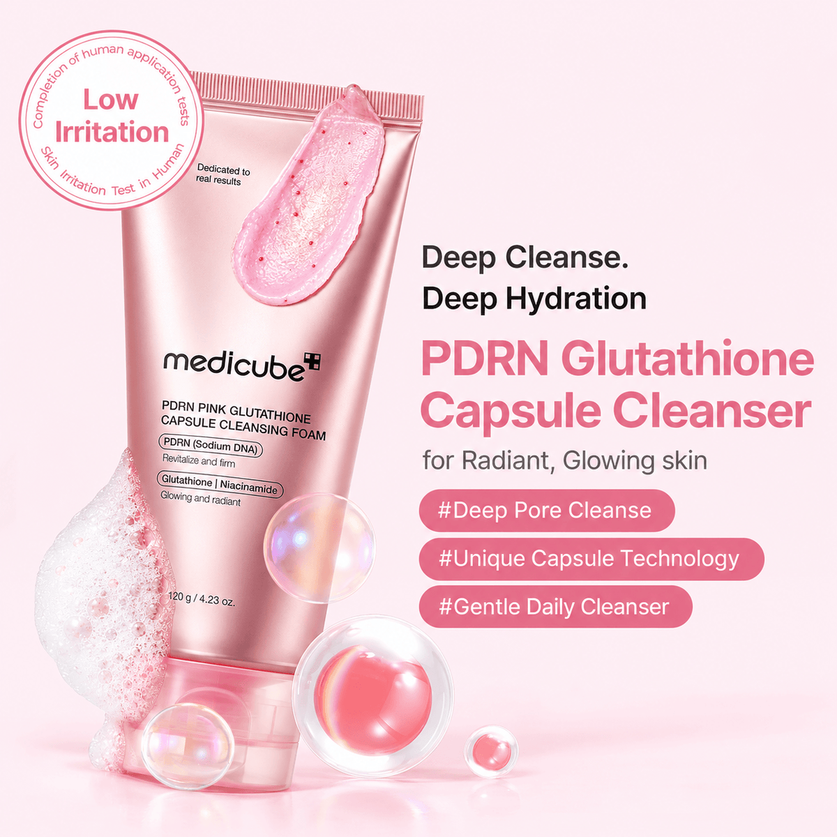 Medicube PDRN Pink Glutathione Capsule Cleansing Foam 120 G | Korean Brightening Face Cleanser for Dullness, Uneven Skin Tone, Pores & Deep Cleansing