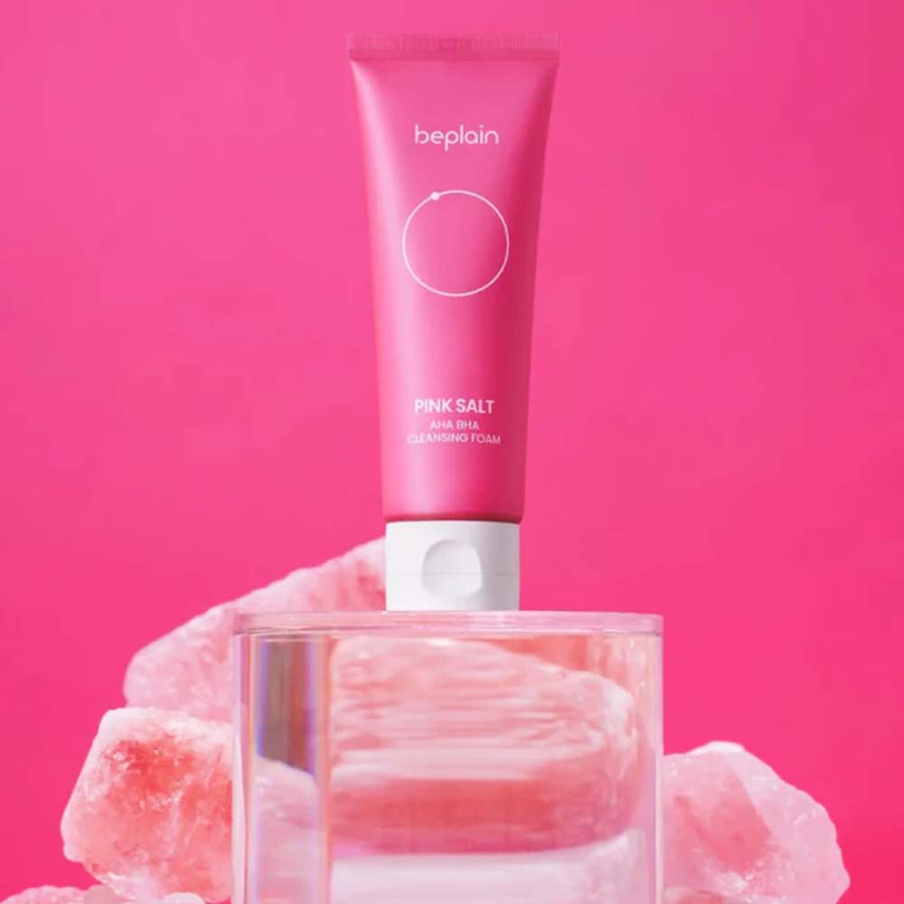 Beplain Pink Salt AHA BHA cleansing foam on ice showing refreshing pore cleansing effect