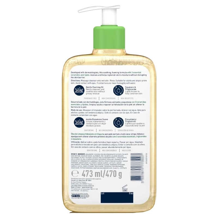 Back label of CeraVe Hydrating Foaming Oil Cleanser 473ml showing ingredients and usage instructions