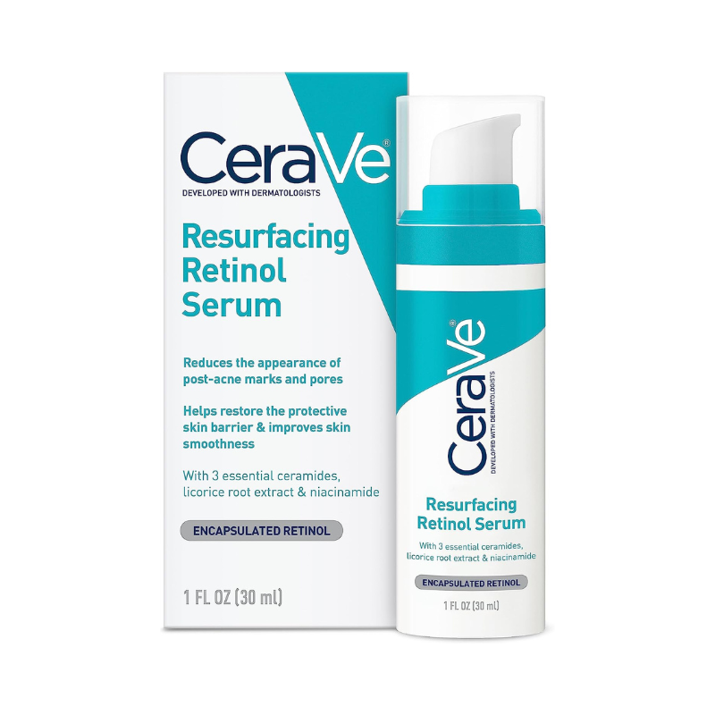 Front view of CeraVe Resurfacing Retinol Serum 30ml for acne marks and smooth skin