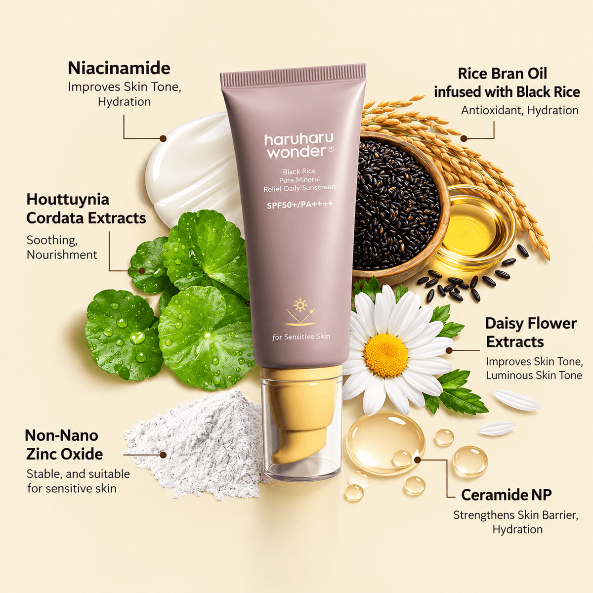 Haruharu Wonder Black Rice Pure Mineral Relief Daily Sunscreen SPF50+ 50ML | Korean Mineral Face Sunscreen