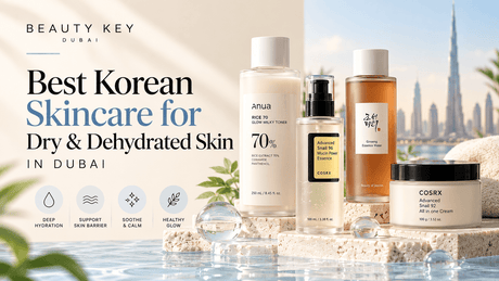 Best Korean skincare for dry and dehydrated skin in Dubai featuring COSRX Snail Mucin, Anua Rice Toner and Beauty of Joseon hydrating skincare products at Beauty Key Dubai.