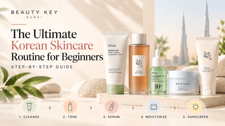 Step-by-step Korean skincare routine for beginners featuring cleanser, toner, serum, moisturizer and sunscreen from Anua, Beauty of Joseon and SKIN1004 at Beauty Key Dubai.