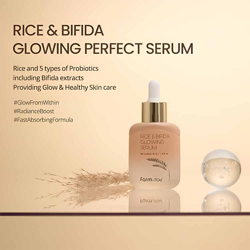 Farmstay Rice + Bifida Glowing Serum 35 ML | Korean Brightening & Hydrating Face Serum for Dullness, Skin Barrier Care & Radiant Glow