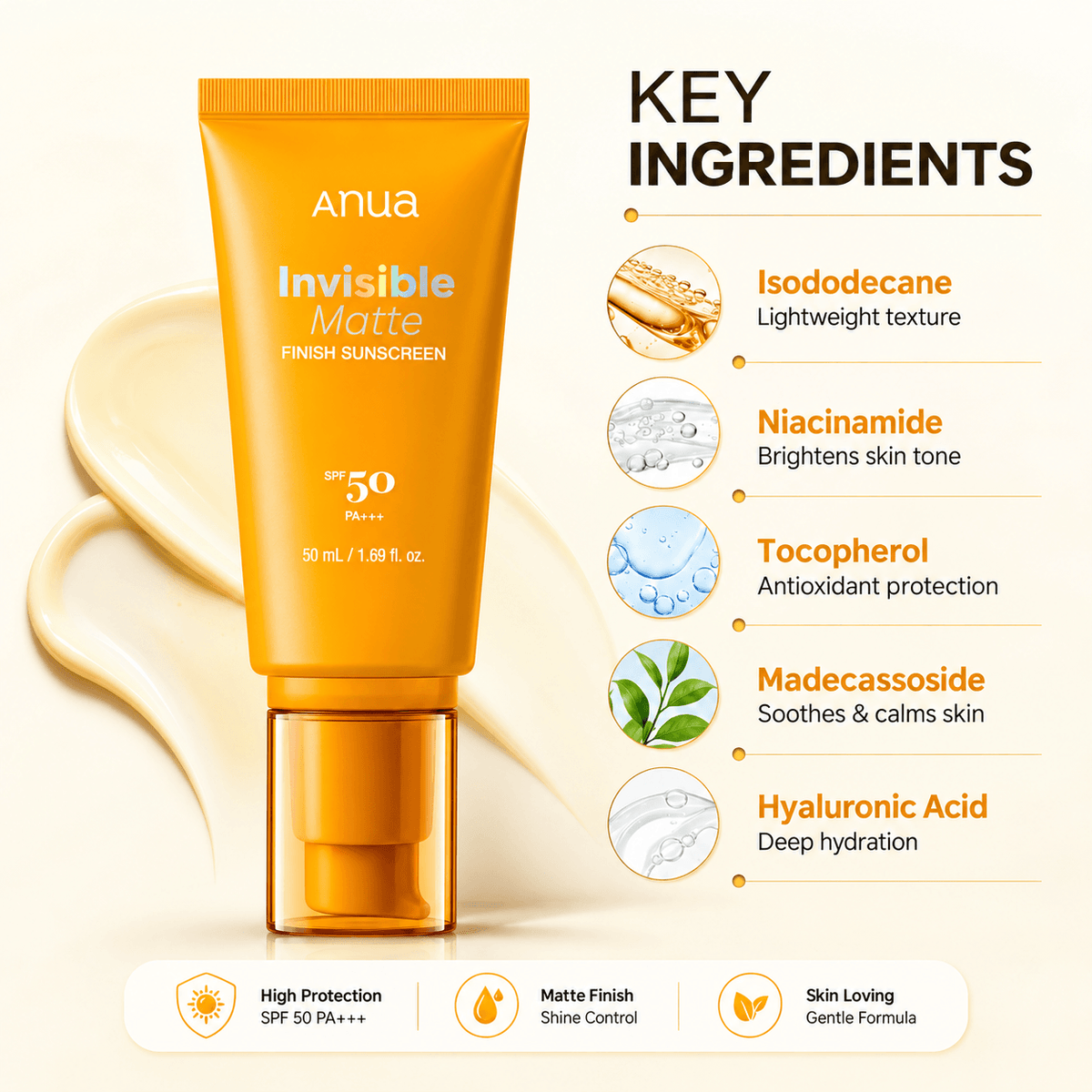 Anua Invisible Matte Finish Sunscreen SPF50+ PA++++ 50 ML | Korean Lightweight Face Sunscreen for Oily Skin