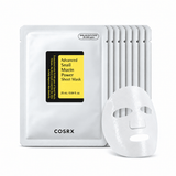 COSRX Advanced Snail Mucin Power Sheet mask shown with one unfolded white sheet mask in front of multiple silver foil packet packs on a clean white background.