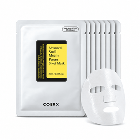 COSRX Advanced Snail Mucin Power Sheet mask shown with one unfolded white sheet mask in front of multiple silver foil packet packs on a clean white background.