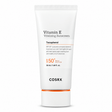 A white squeeze tube of COSRX Vitamin E Vitalizing Sunscreen with orange and black text, featuring a white cap with an orange accent band, set against a plain white background.
