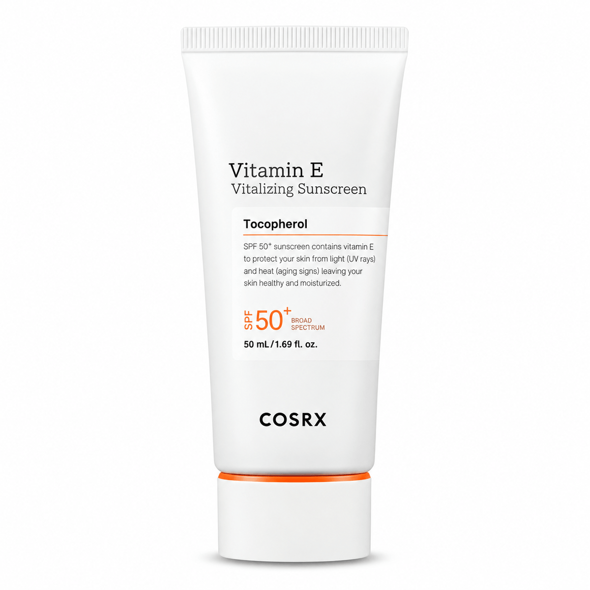 A white squeeze tube of COSRX Vitamin E Vitalizing Sunscreen with orange and black text, featuring a white cap with an orange accent band, set against a plain white background.