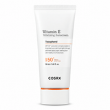 A white squeeze tube of COSRX Vitamin E Vitalizing Sunscreen with orange and black text, featuring a white cap with an orange accent band, set against a plain white background.