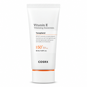 A white squeeze tube of COSRX Vitamin E Vitalizing Sunscreen with orange and black text, featuring a white cap with an orange accent band, set against a plain white background.