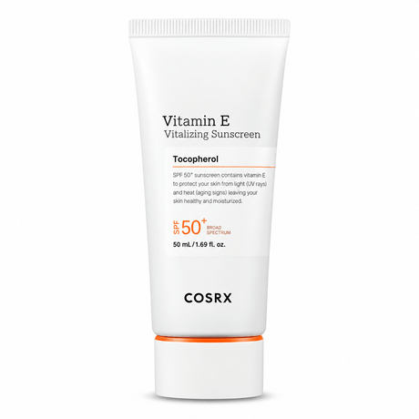 A white squeeze tube of COSRX Vitamin E Vitalizing Sunscreen with orange and black text, featuring a white cap with an orange accent band, set against a plain white background.