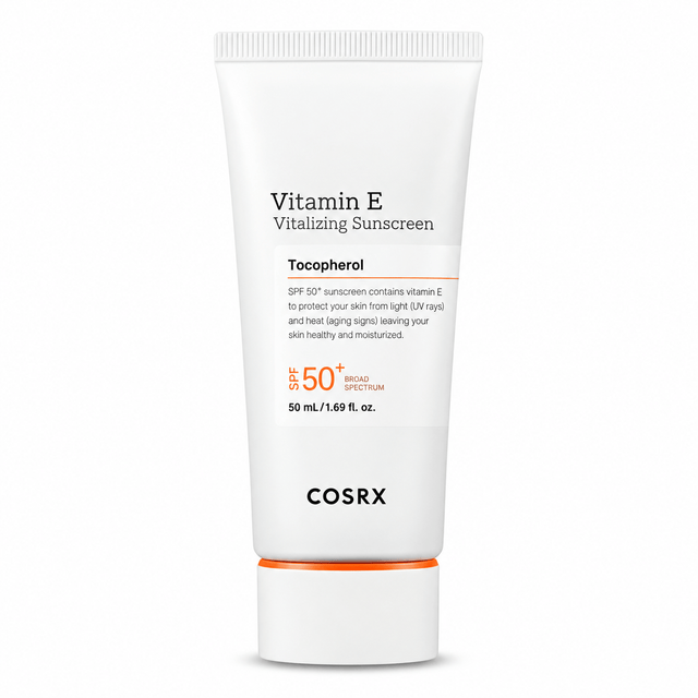 A white squeeze tube of COSRX Vitamin E Vitalizing Sunscreen with orange and black text, featuring a white cap with an orange accent band, set against a plain white background.
