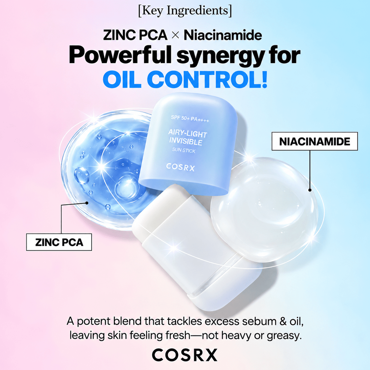 Cosrx Airy-Light Invisible Sun Stick SPF 50+ in a light blue cylindrical stick container, shown with graphic callouts for Zinc PCA and Niacinamide ingredients on a pastel pink-to-blue gradient background.