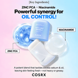 Cosrx Airy-Light Invisible Sun Stick SPF 50+ in a light blue cylindrical stick container, shown with graphic callouts for Zinc PCA and Niacinamide ingredients on a pastel pink-to-blue gradient background.