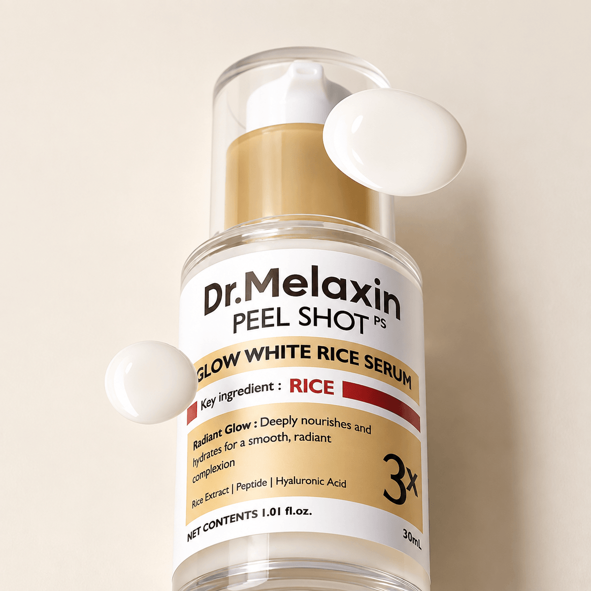 Dr. Melaxin Peel Shot PS Glow White Rice Serum bottle with a clear cap, white pump, and gold collar, shown on a warm beige background with two floating white cream droplets.