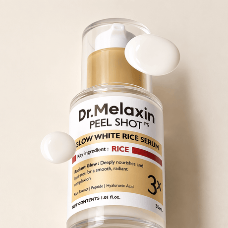 Dr. Melaxin Peel Shot PS Glow White Rice Serum bottle with a clear cap, white pump, and gold collar, shown on a warm beige background with two floating white cream droplets.