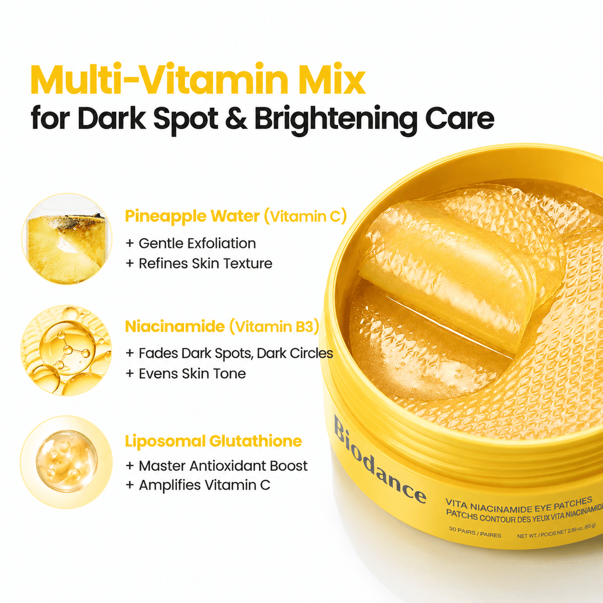 Biodance Vita Niacinamide Eye Patches 30 Pairs 85 G | Korean Brightening Hydrogel Eye Patches for Dark Circles, Puffiness & Fine Lines