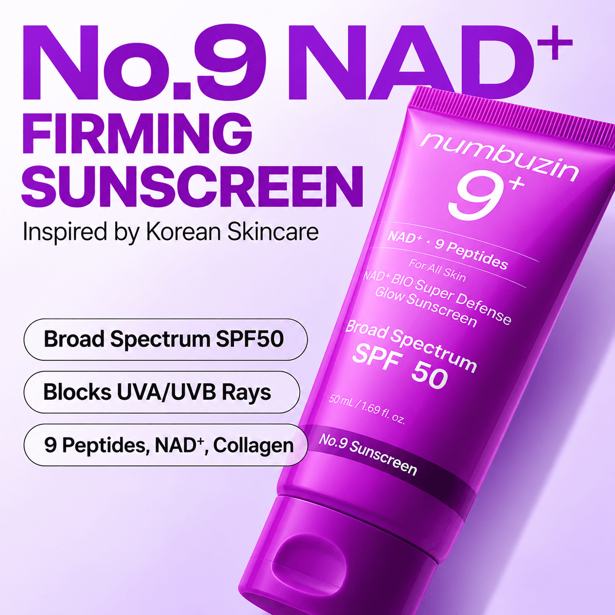 Numbuzin No. 9+ NAD Peptides Dewy Sun Essence 50 ML | Korean Hydrating & Firming Face Sunscreen for Skin Elasticity, Dewy Glow & Daily UV Protection