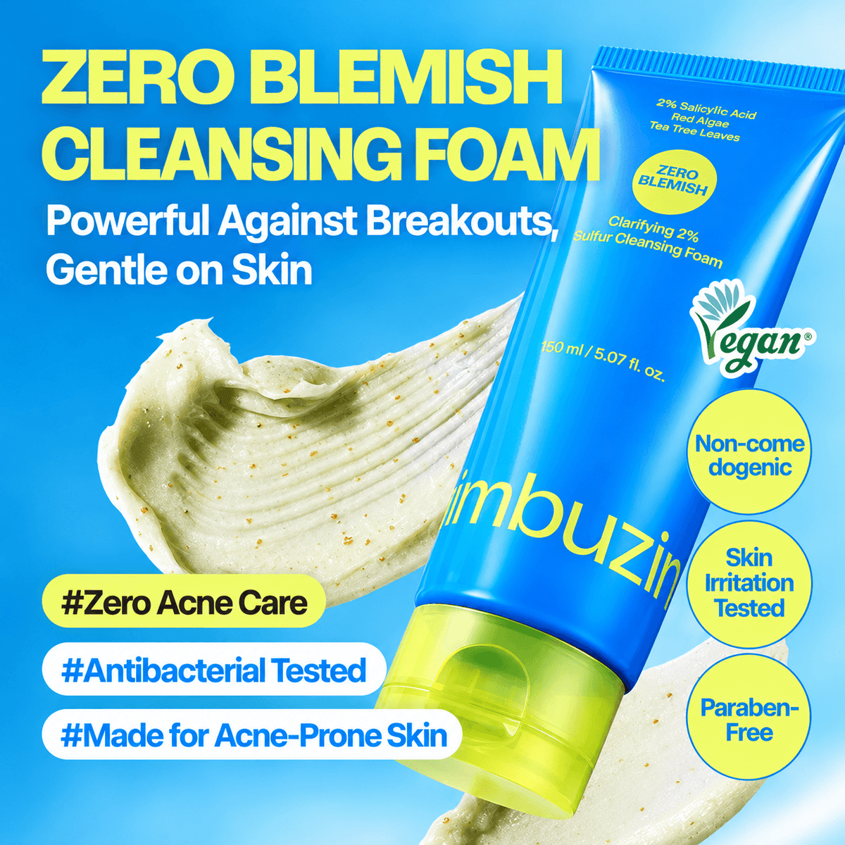 Numbuzin Zero Blemish Clarifying 2% Sulfur Cleansing Foam 150 ML | Korean Deep Cleansing Face Wash for Acne, Blemishes, Excess Oil & Clogged Pores | Oily & Acne-Prone Skin