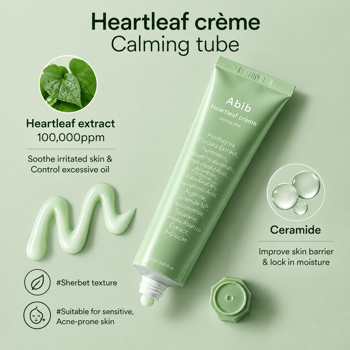 Abib Heartleaf Creme Calming Tube 75ML | Soothing Moisturizer for Sensitive & Dry Skin