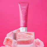 Beplain Pink Salt AHA BHA cleansing foam on ice showing refreshing pore cleansing effect