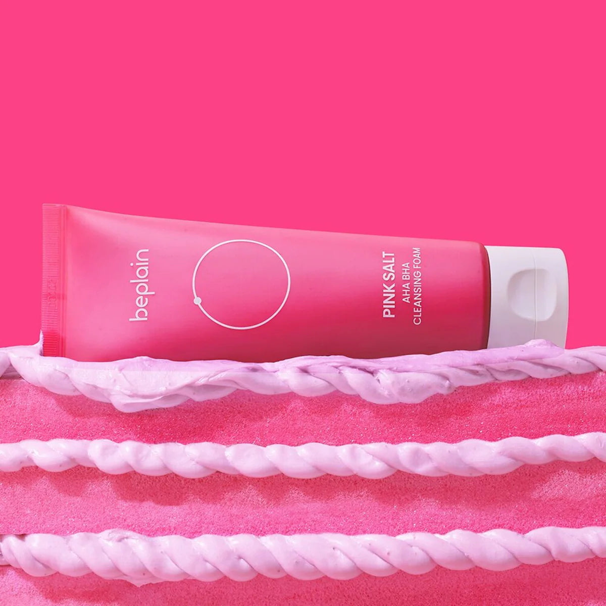 Beplain Pink Salt cleansing foam texture showing soft lather for gentle exfoliation