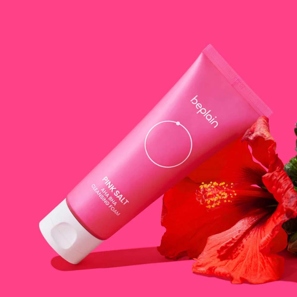 Beplain Pink Salt cleansing foam with ingredient styling highlighting fresh skincare concept