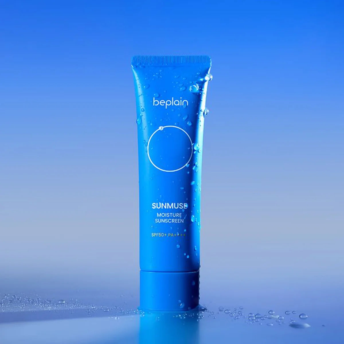 Beplain Sunmuse Moisture Sunscreen being dispensed showing creamy hydrating SPF formula