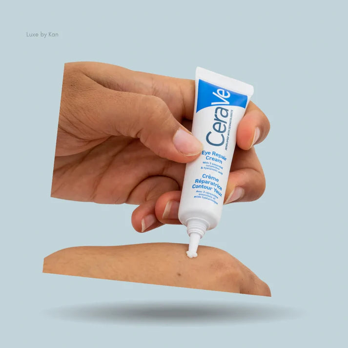 CeraVe Eye Repair Cream 14ml application around eye area reduces dark circles and puffiness