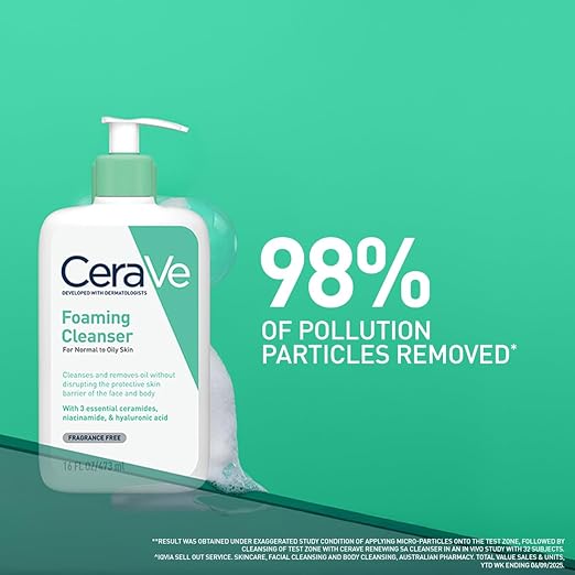 CeraVe Foaming Cleanser 473ml removes 98 percent of pollution particles non comedogenic face wash