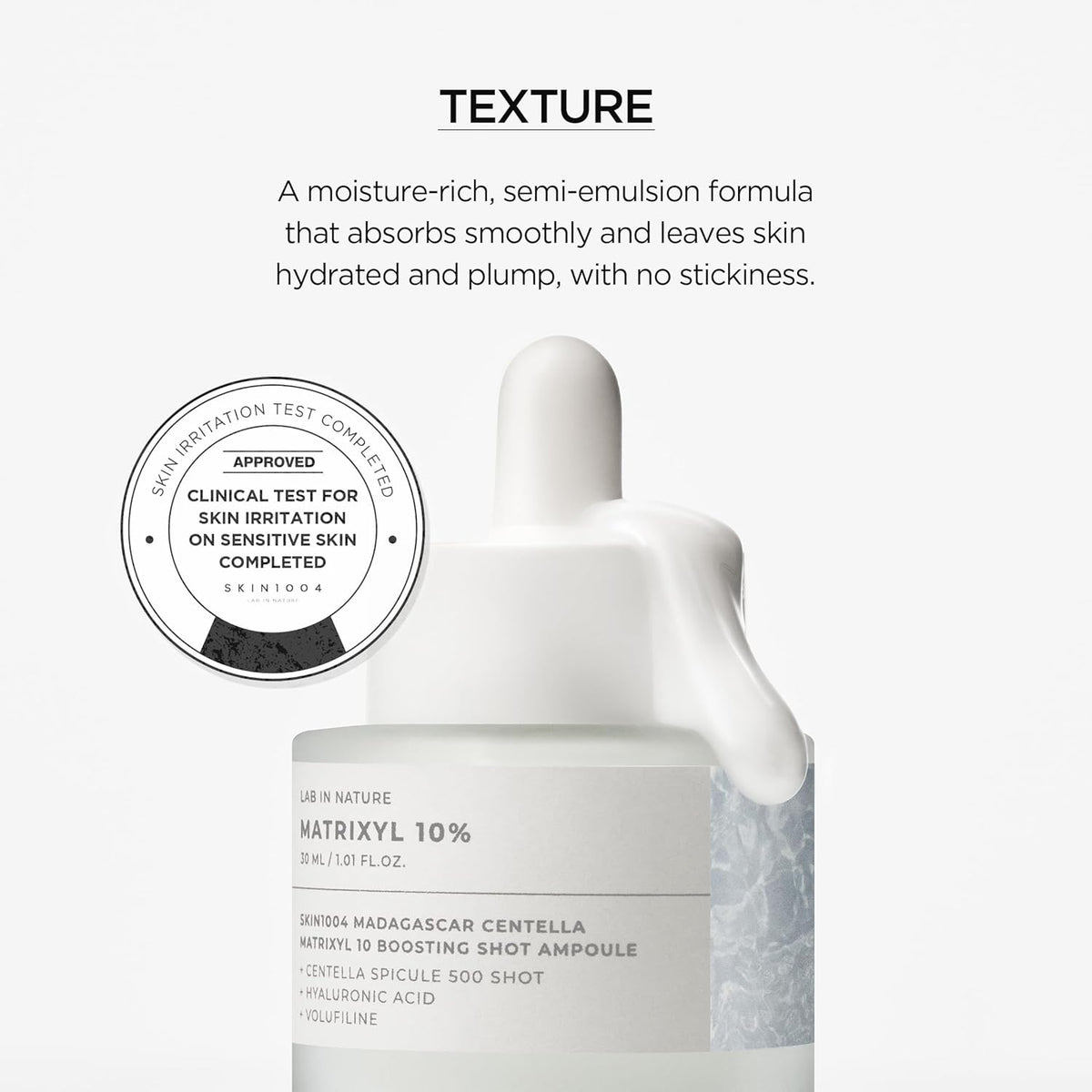 Lightweight texture of SKIN1004 Matrixyl ampoule showing hydrating serum consistency